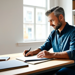 A professional male creative director, fully clothed in a modest, modern business casual outfit, sitting comfortably in a brightly lit, minimalist home office. His hand is gently resting on a notebook filled with sketches, with a stylized, abstract light flowing from his head, symbolizing ideas and innovation. The background features blurred bookshelves and a large window offering a soft, natural light. Perfect anatomy, correct proportions, well-formed hands, natural pose, safe for work, appropriate content, fully clothed, professional image, high quality, studio lighting, detailed, realistic.