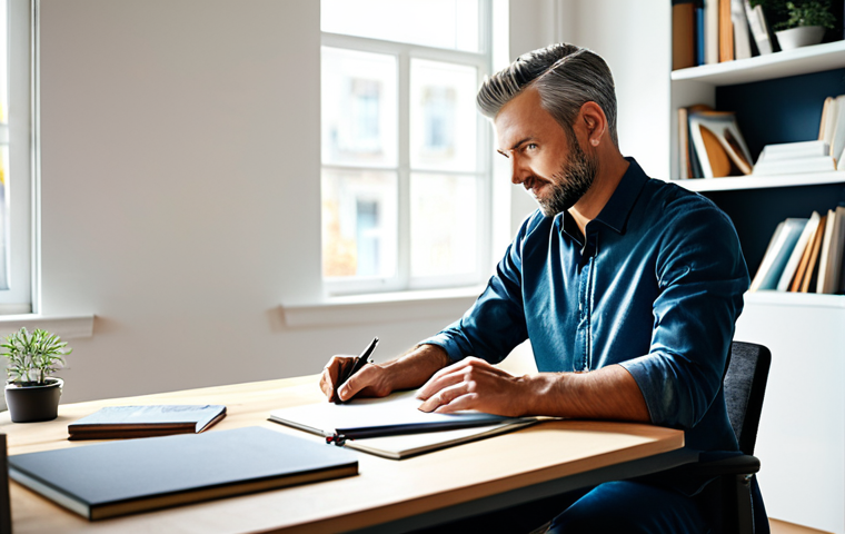 A professional male creative director, fully clothed in a modest, modern business casual outfit, sitting comfortably in a brightly lit, minimalist home office. His hand is gently resting on a notebook filled with sketches, with a stylized, abstract light flowing from his head, symbolizing ideas and innovation. The background features blurred bookshelves and a large window offering a soft, natural light. Perfect anatomy, correct proportions, well-formed hands, natural pose, safe for work, appropriate content, fully clothed, professional image, high quality, studio lighting, detailed, realistic.