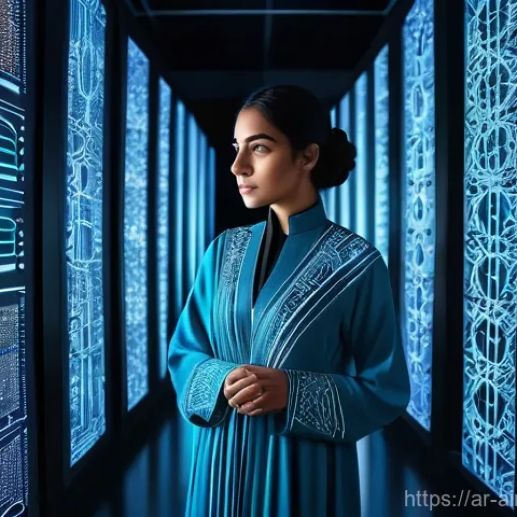 AI 시대의 갈등 해결 기술 - **Prompt:** "A serene, contemplative young Arab woman, dressed in a modest yet modern abaya, stands ...