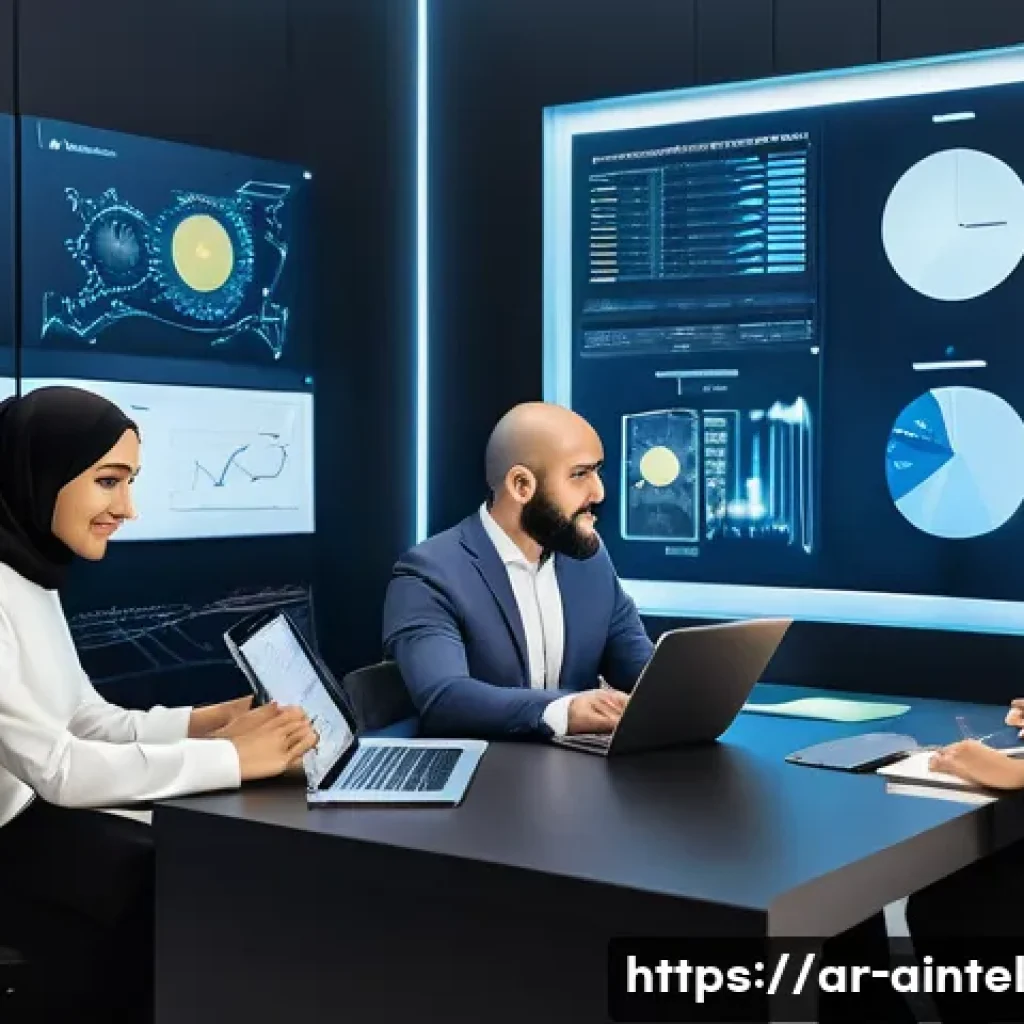 AI와 함께하는 문제 해결의 새로운 접근 - A modern Middle Eastern office scene featuring a diverse team of professionals collaborating around ...