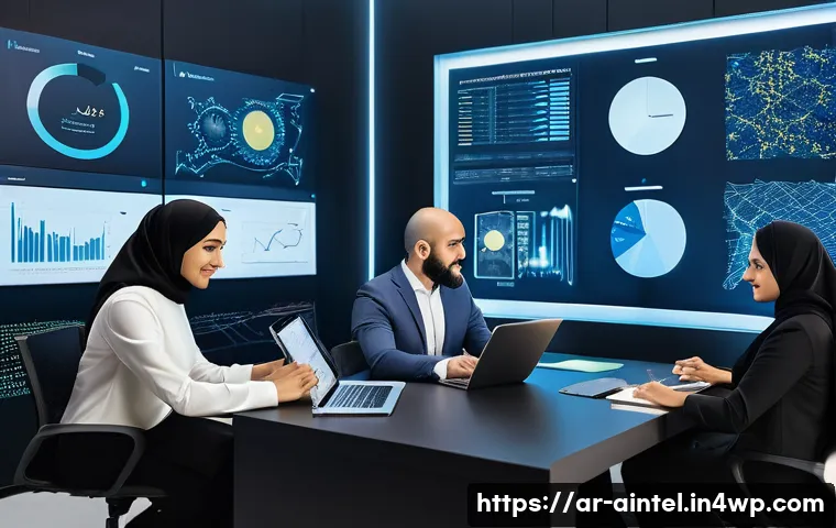 AI와 함께하는 문제 해결의 새로운 접근 - A modern Middle Eastern office scene featuring a diverse team of professionals collaborating around ...