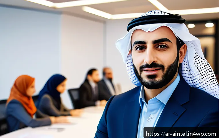 AI 시대의 리더십 변화와 인간의 역할 - A professional Middle Eastern business leader in a modern office setting, attentively listening to d...