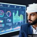 Home 22 AI와 함께하는 혁신적 아이디어 발상법 - A modern Arab entrepreneur in a sleek office setting, analyzing large digital data streams and AI-dr...