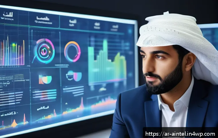 AI와 함께하는 혁신적 아이디어 발상법 - A modern Arab entrepreneur in a sleek office setting, analyzing large digital data streams and AI-dr...