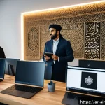 Home 21 AI와의 공존을 위한 인간의 문화적 강점 - A diverse group of Arab professionals in a modern tech workspace collaborating on AI ethics, featuri...