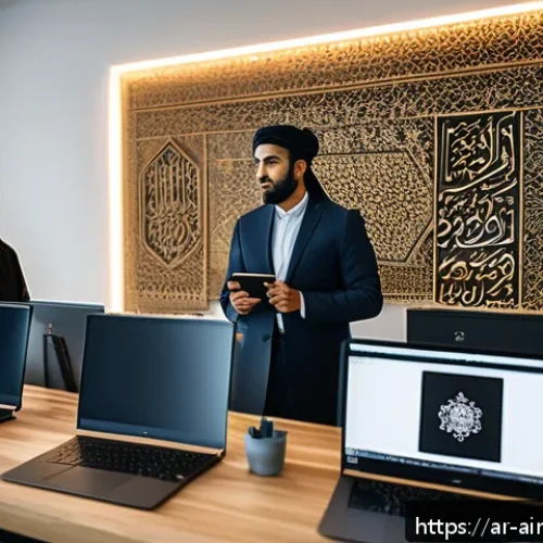Home 33 AI와의 공존을 위한 인간의 문화적 강점 - A diverse group of Arab professionals in a modern tech workspace collaborating on AI ethics, featuri...