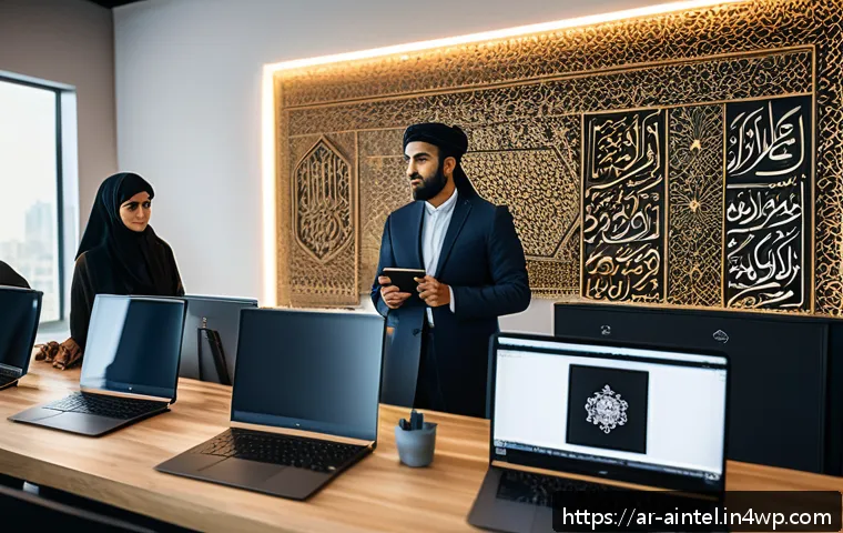 AI와의 공존을 위한 인간의 문화적 강점 - A diverse group of Arab professionals in a modern tech workspace collaborating on AI ethics, featuri...
