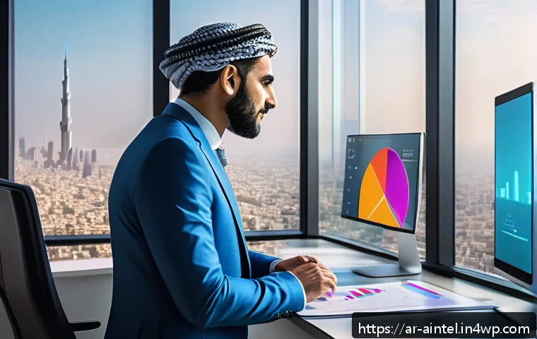 AI 기술과 인간의 경험 결합 방법 - A modern office scene in a Middle Eastern city, showcasing a diverse Arab professional man collabora...