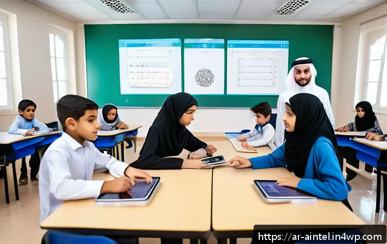 AI 시대의 교육 방향과 인간의 역할 - A modern classroom scene in an Arabic-speaking country, featuring a diverse group of students and a ...
