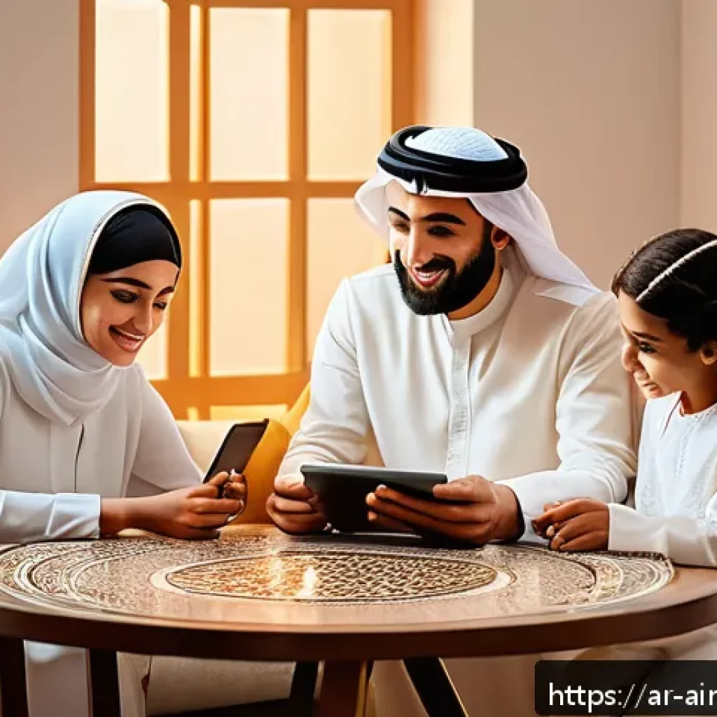 AI와 인간의 사회적 상호작용 - A modern digital communication scene set in a cozy Middle Eastern home, featuring a diverse Arabic f...