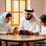 Home 18 AI와 인간의 사회적 상호작용 - A modern digital communication scene set in a cozy Middle Eastern home, featuring a diverse Arabic f...