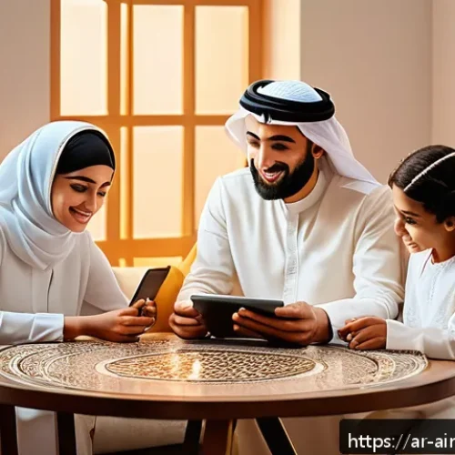 Home 30 AI와 인간의 사회적 상호작용 - A modern digital communication scene set in a cozy Middle Eastern home, featuring a diverse Arabic f...