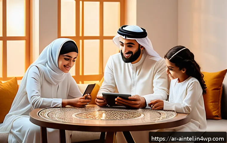AI와 인간의 사회적 상호작용 - A modern digital communication scene set in a cozy Middle Eastern home, featuring a diverse Arabic f...