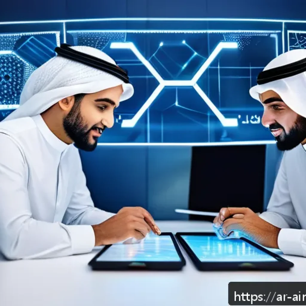 AI 기술의 활용성을 높이기 위한 인간의 역할 - A modern interactive workspace in a Middle Eastern office setting, showing a diverse team of Arab pr...