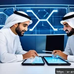 Home 23 AI 기술의 활용성을 높이기 위한 인간의 역할 - A modern interactive workspace in a Middle Eastern office setting, showing a diverse team of Arab pr...
