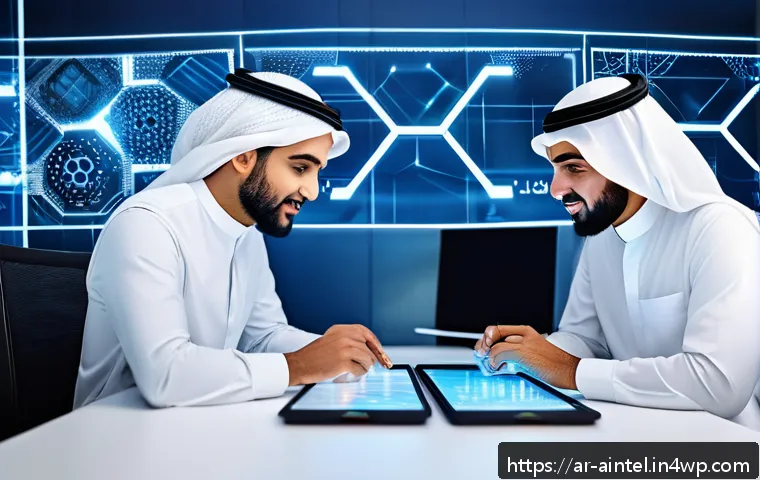 AI 기술의 활용성을 높이기 위한 인간의 역할 - A modern interactive workspace in a Middle Eastern office setting, showing a diverse team of Arab pr...